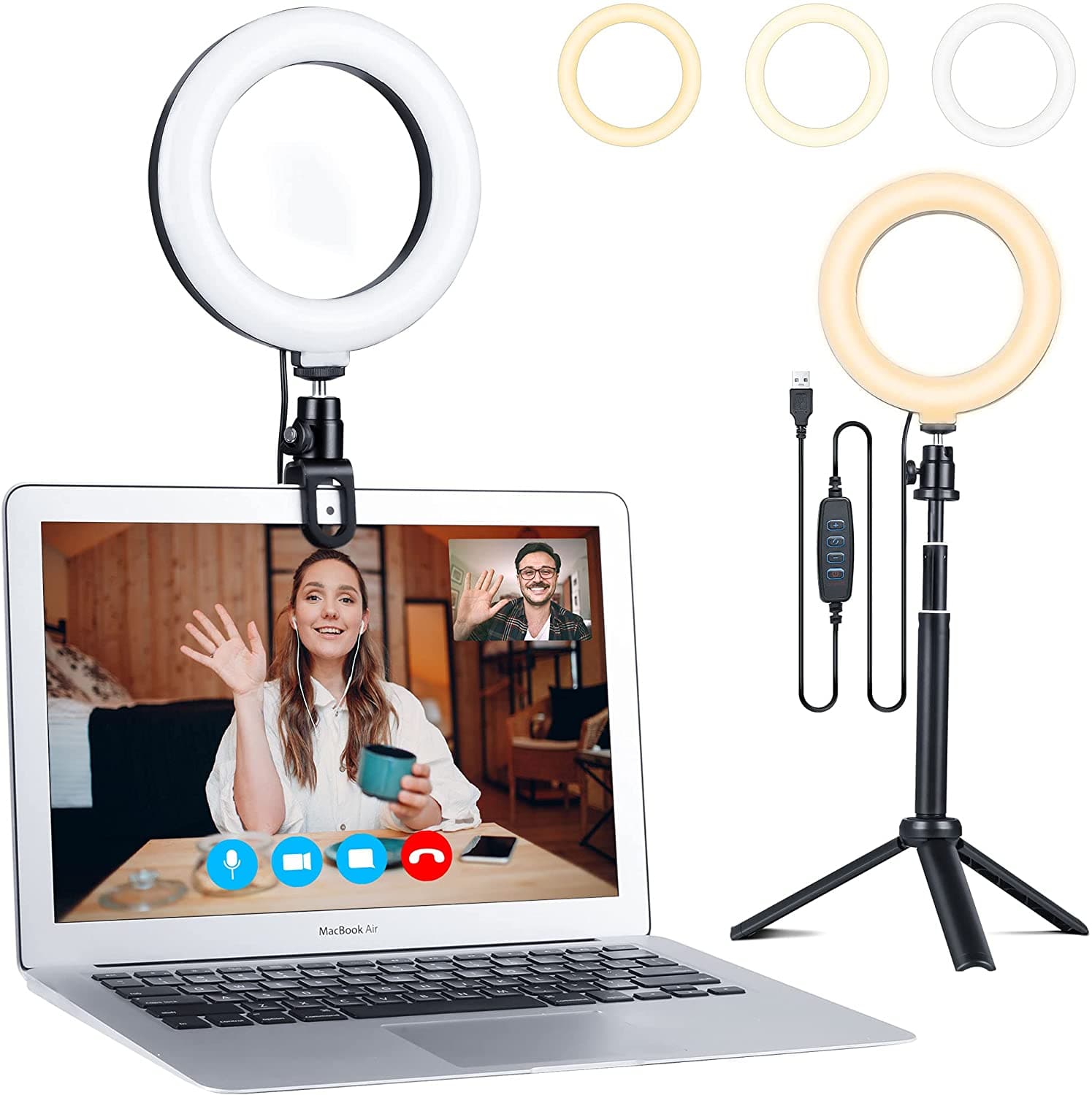 6'' Powerful Tricolor Dimming Laptop Ring Light for Video Conference, Webcam Lighting/Zoom Lighting/Makeup/Self Broadcasting and Live Streaming