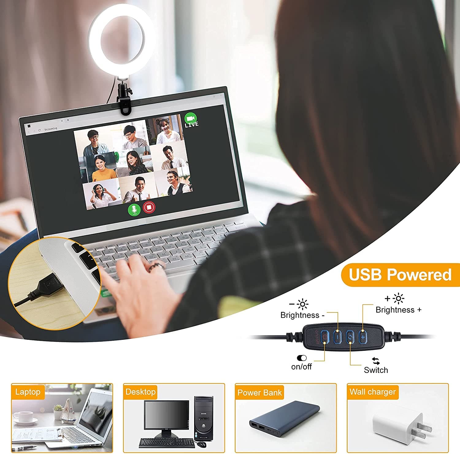 6'' Powerful Tricolor Dimming Laptop Ring Light for Video Conference, Webcam Lighting/Zoom Lighting/Makeup/Self Broadcasting and Live Streaming